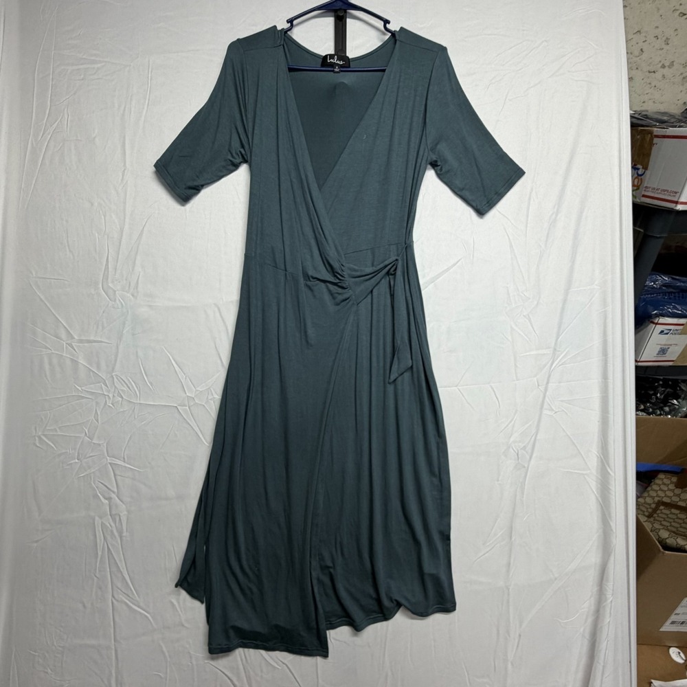 Lulus Slate Blue Green Maxi Wrap Dress Womens Small V-Neck Short Sleeve Party - Picture 2 of 5